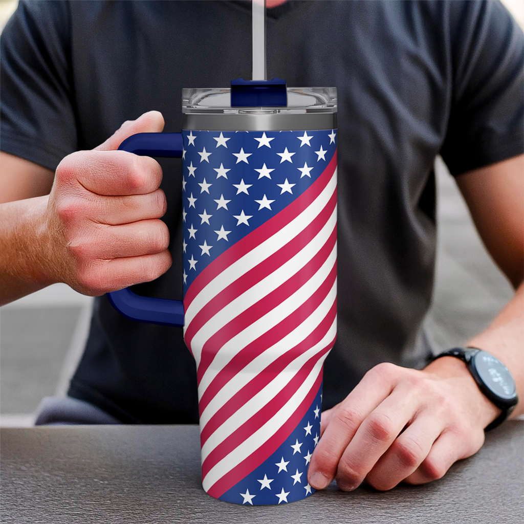 40oz American Flag Tumbler with Handle and Lid