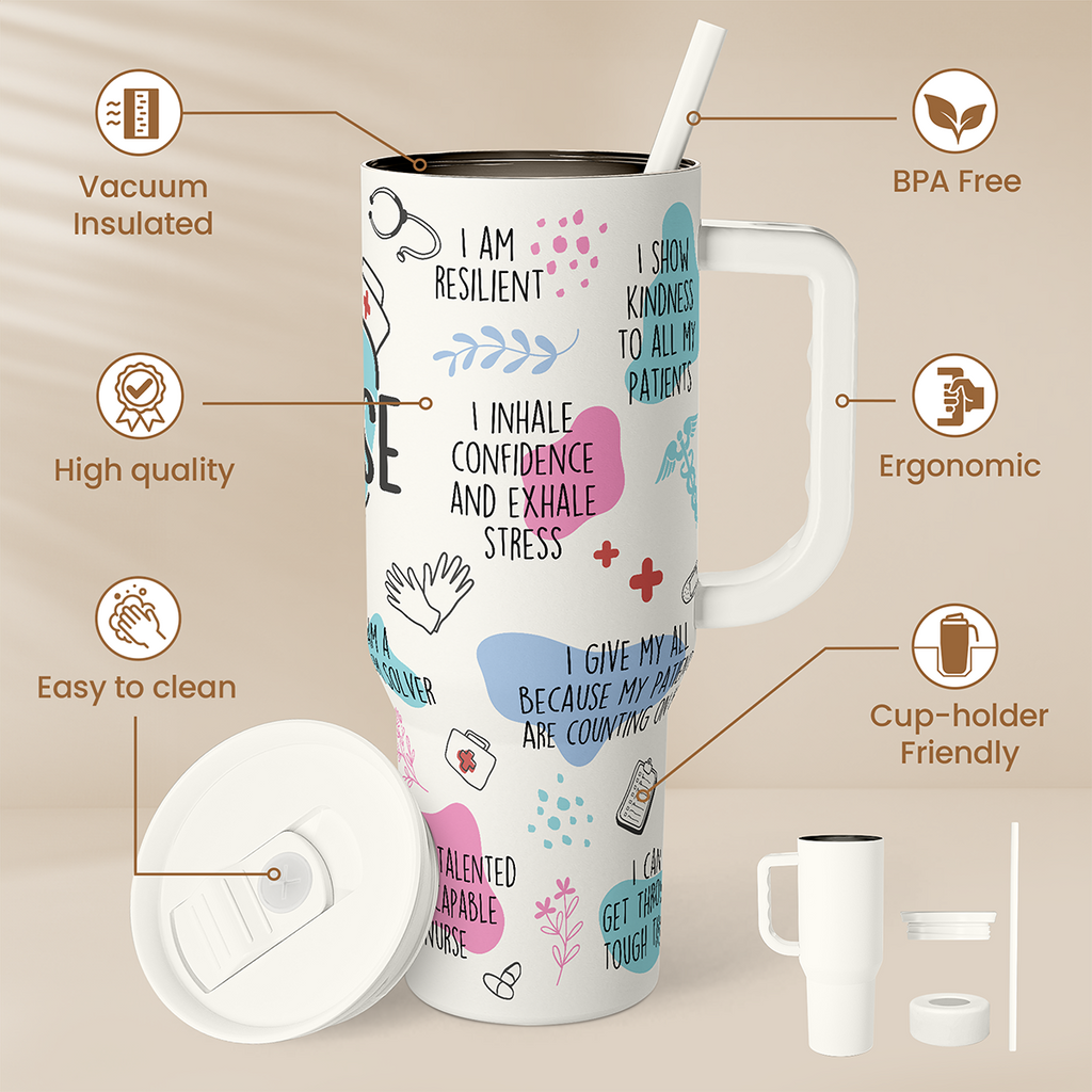 Nurse Tumbler with Handle 40oz, Inspiration Affirmations Coffee Travel Mug Cups with Straw, Nurse Appreciation Gifts for Women Female Nurses, Nursing Gift for Birthday Christmas Nurse Week