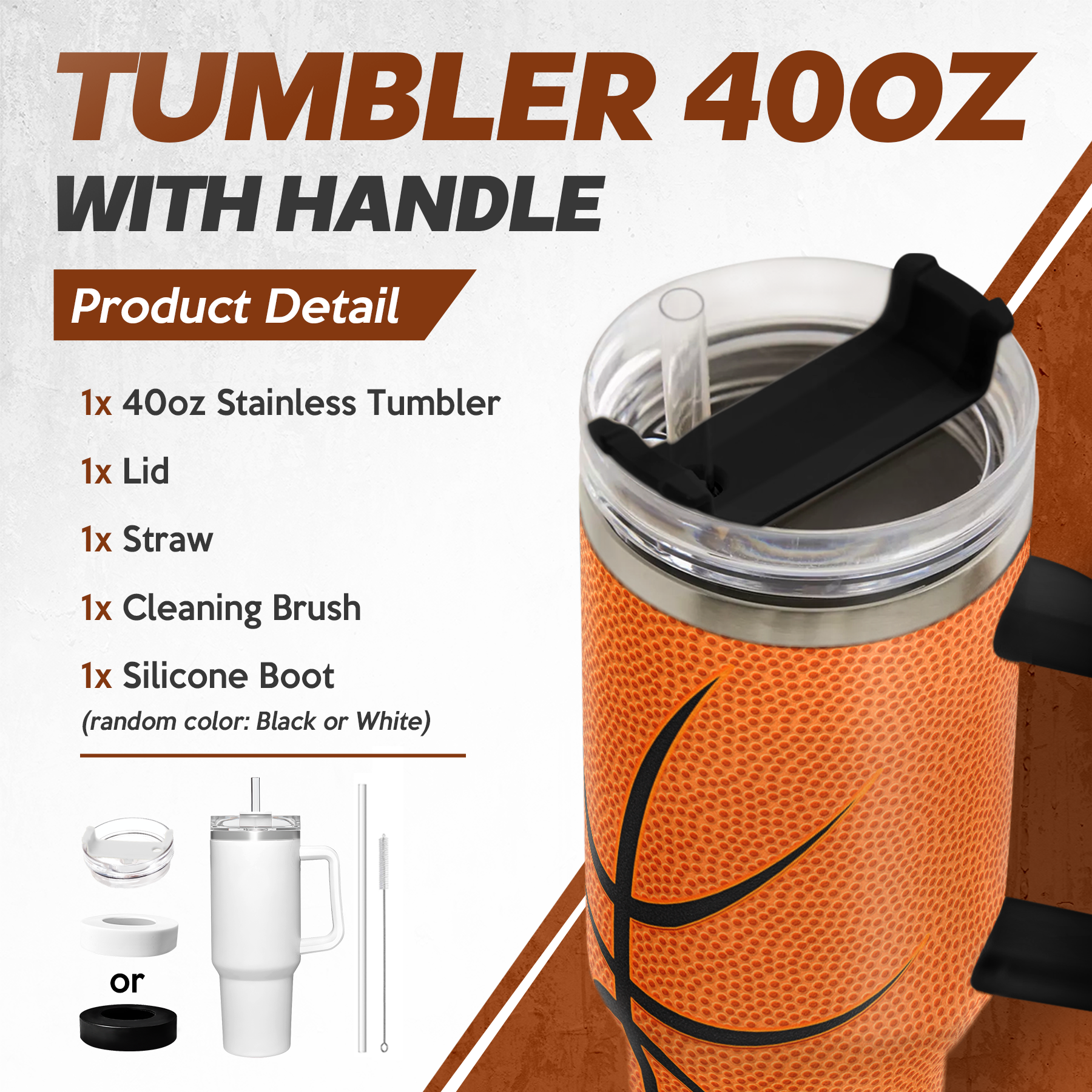 40oz Basketball Tumbler with Handle, Lid & Straw