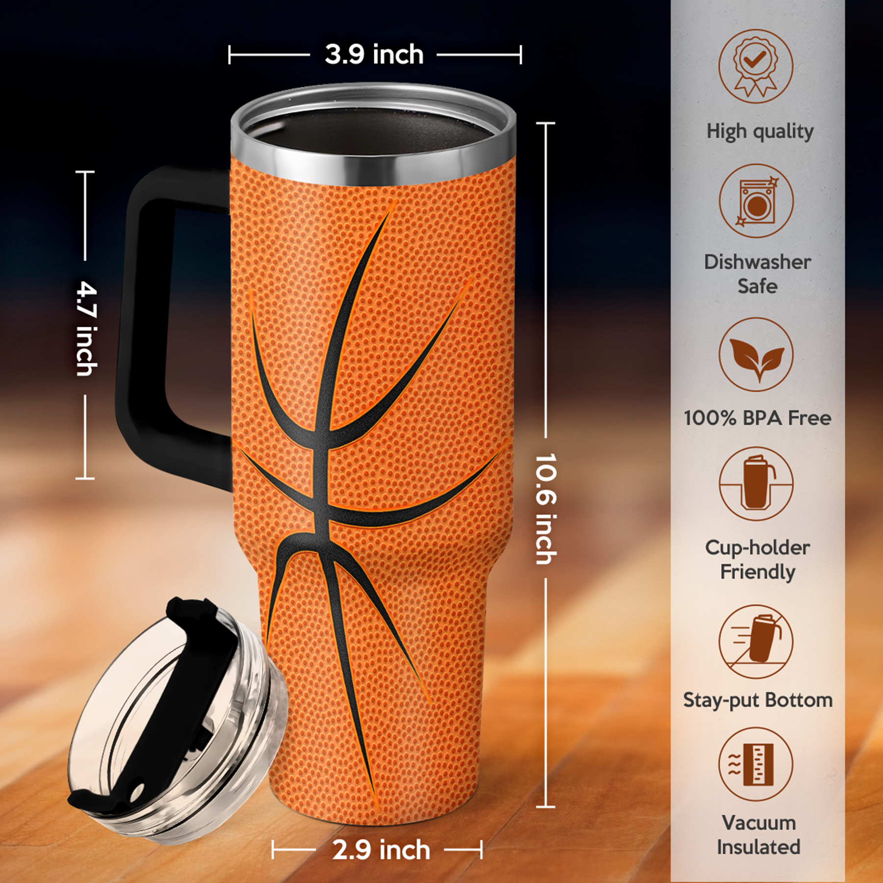 40oz Basketball Tumbler with Handle, Lid & Straw