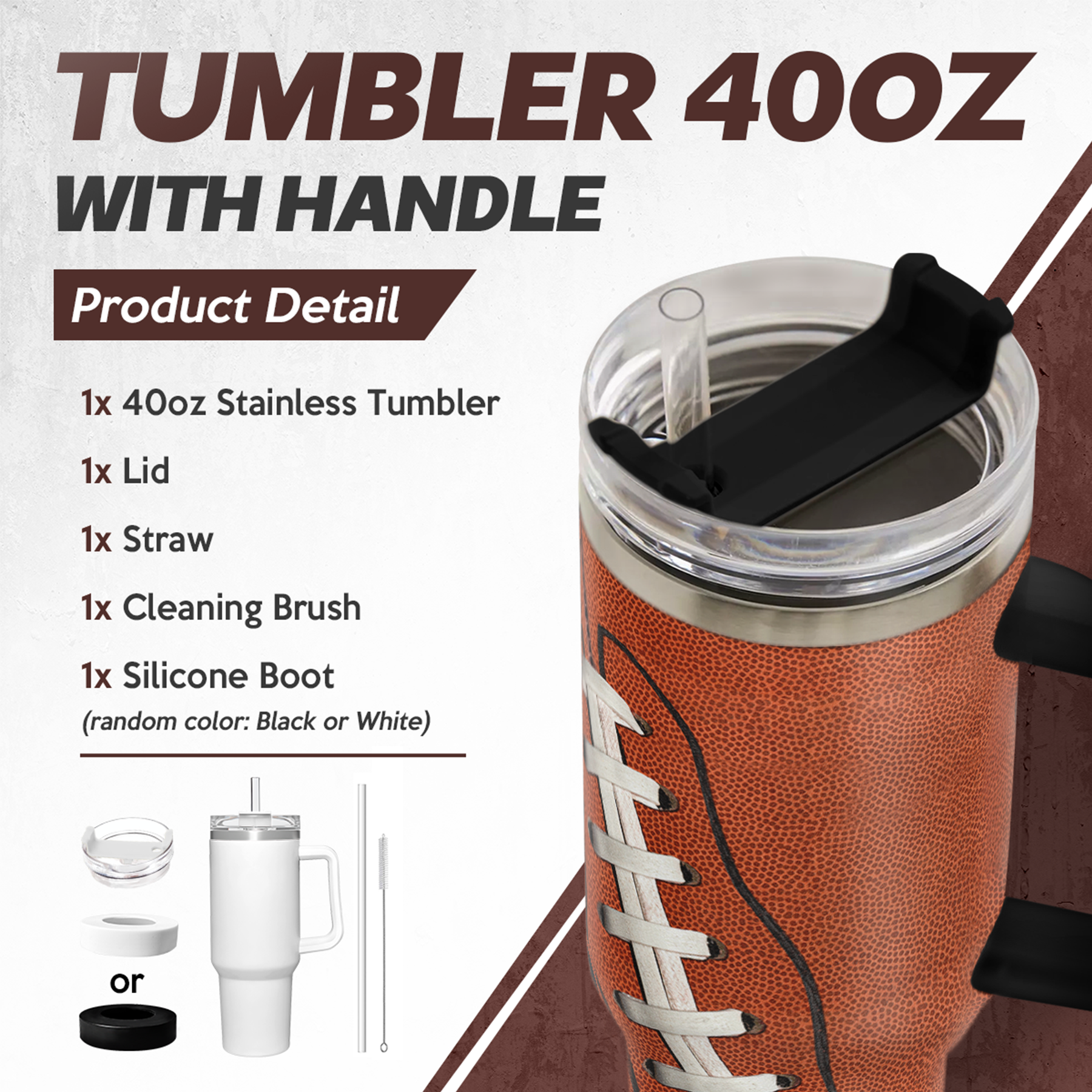 40oz Football Tumbler with Handle, Lid & Straw