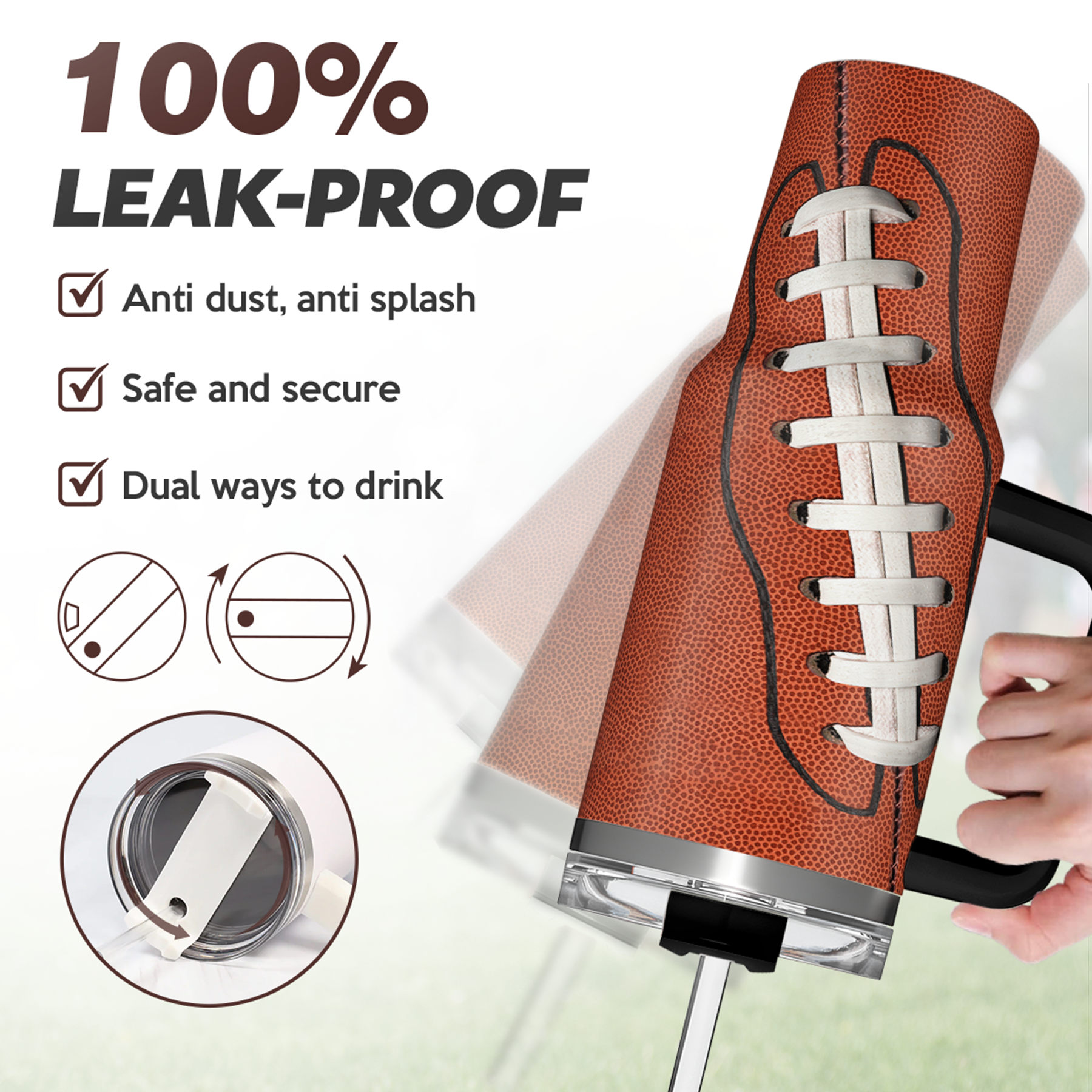 40oz Football Tumbler with Handle, Lid & Straw
