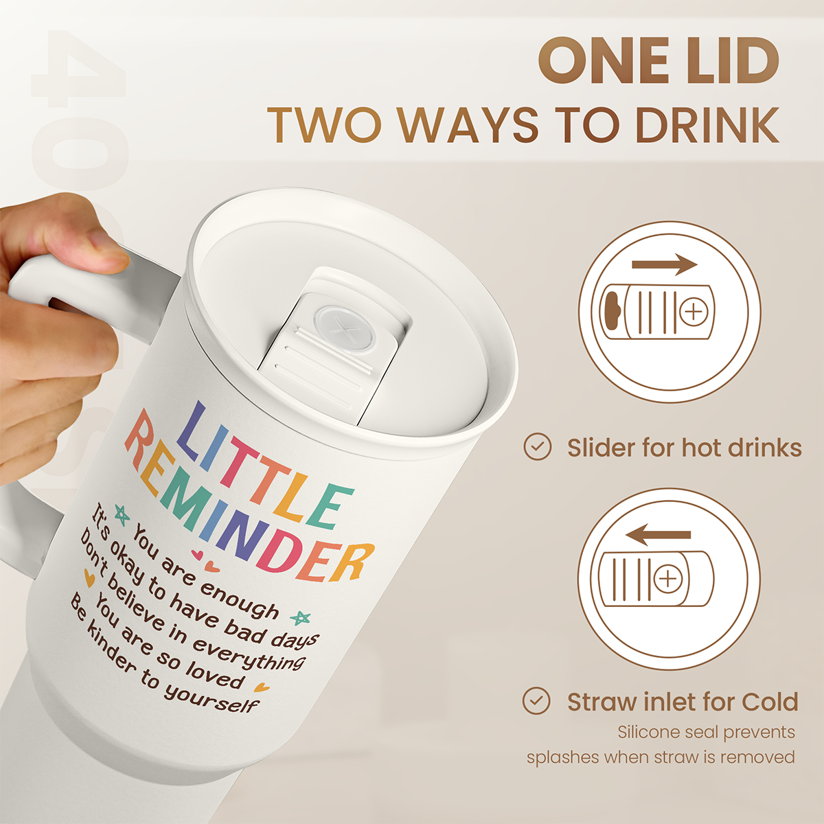 Inspirational Tumbler with Handle 40oz, Positive Reminder Coffee Cups Stainless Steel Travel Mug, Daily Inspiration Motivational Gifts for Women Girls Friends Coworker, Gift for Birthday Christmas