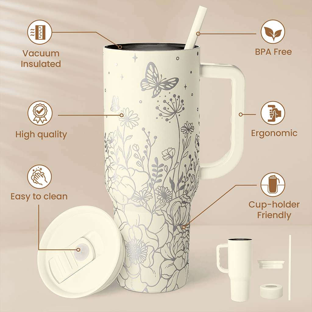 Floral Tumbler with Handle 40oz, Stainless Steel Insulated Tumblers Coffee Travel Mug Cup with Straw, Flower Coffee Cup Gifts for Women Girls, Gift for Her on Christmas Birthday Mothers Day