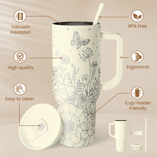 40oz Floral Tumbler with Handle, Lid and Straw