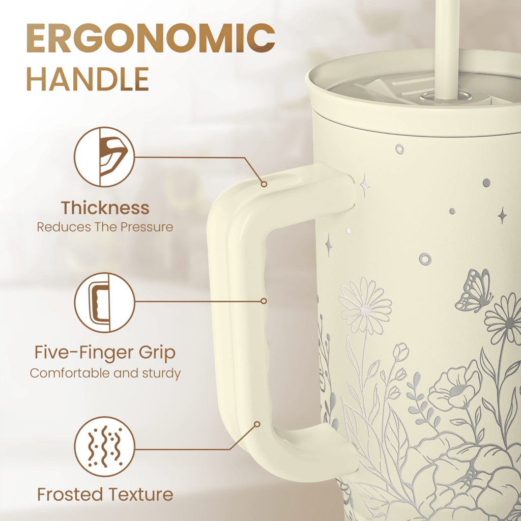 Floral Tumbler with Handle 40oz, Stainless Steel Insulated Tumblers Coffee Travel Mug Cup with Straw, Flower Coffee Cup Gifts for Women Girls, Gift for Her on Christmas Birthday Mothers Day