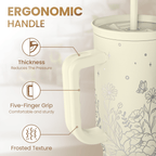Floral Tumbler with Handle 40oz, Stainless Steel Insulated Tumblers Coffee Travel Mug Cup with Straw, Flower Coffee Cup Gifts for Women Girls, Gift for Her on Christmas Birthday Mothers Day