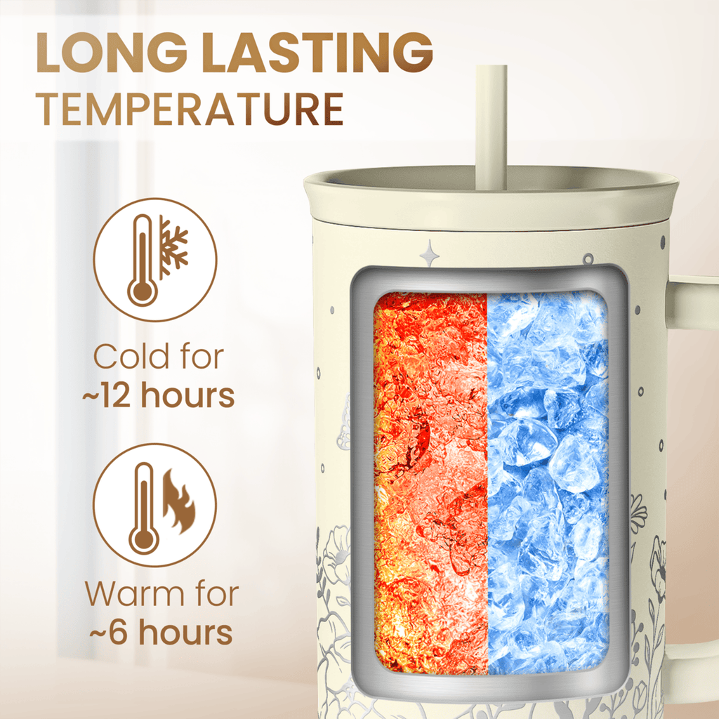 Floral Tumbler with Handle 40oz, Stainless Steel Insulated Tumblers Coffee Travel Mug Cup with Straw, Flower Coffee Cup Gifts for Women Girls, Gift for Her on Christmas Birthday Mothers Day