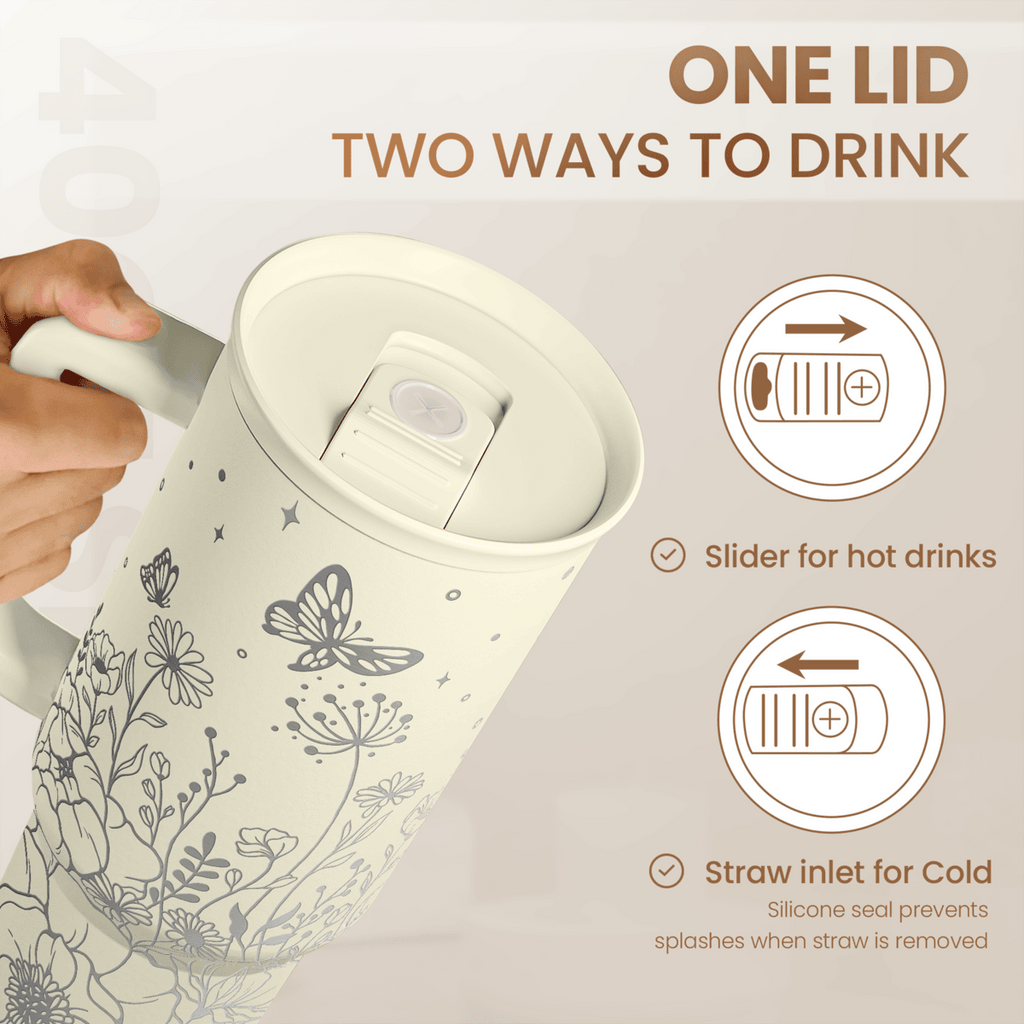 Floral Tumbler with Handle 40oz, Stainless Steel Insulated Tumblers Coffee Travel Mug Cup with Straw, Flower Coffee Cup Gifts for Women Girls, Gift for Her on Christmas Birthday Mothers Day