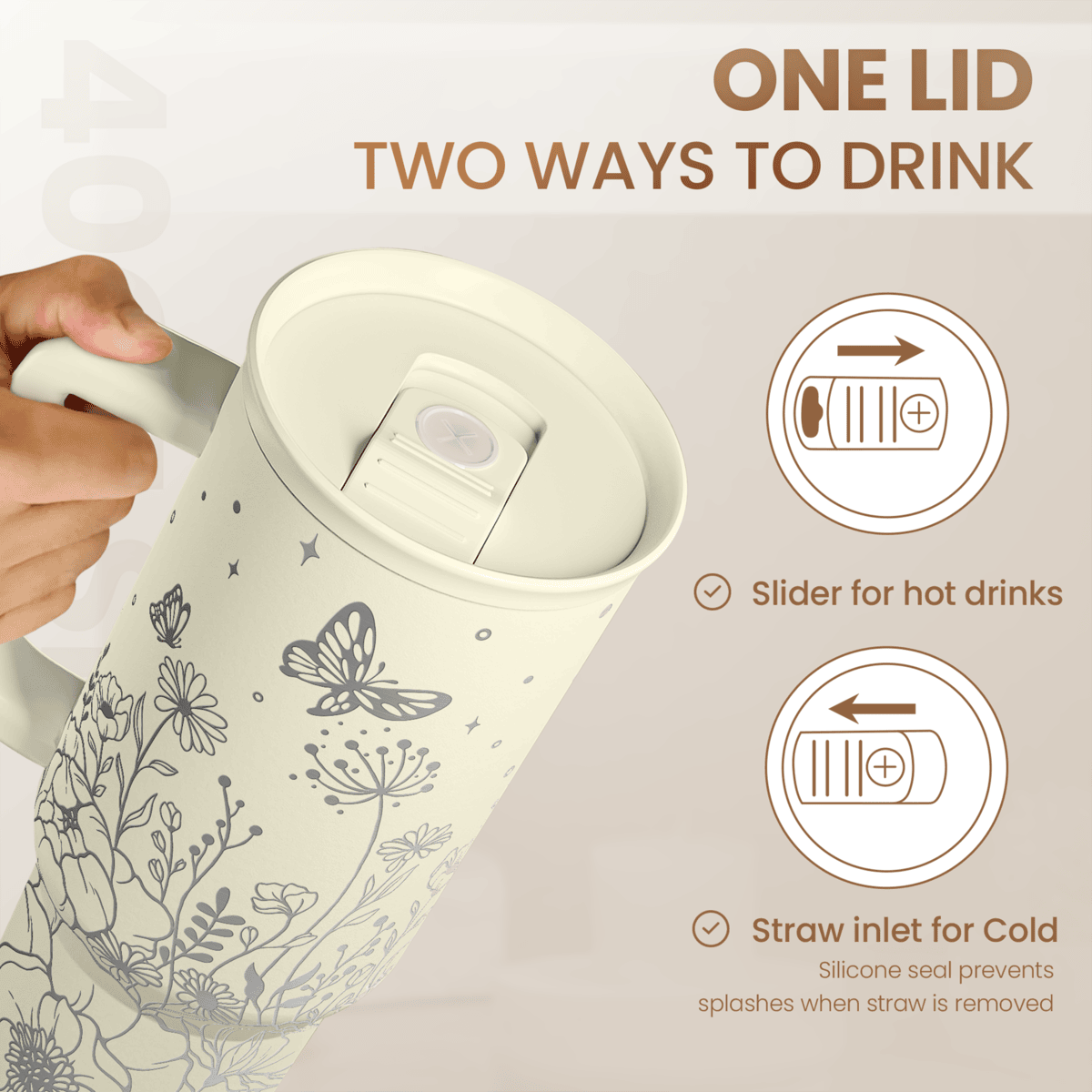 Floral Tumbler with Handle 40oz, Stainless Steel Insulated Tumblers Coffee Travel Mug Cup with Straw, Flower Coffee Cup Gifts for Women Girls, Gift for Her on Christmas Birthday Mothers Day