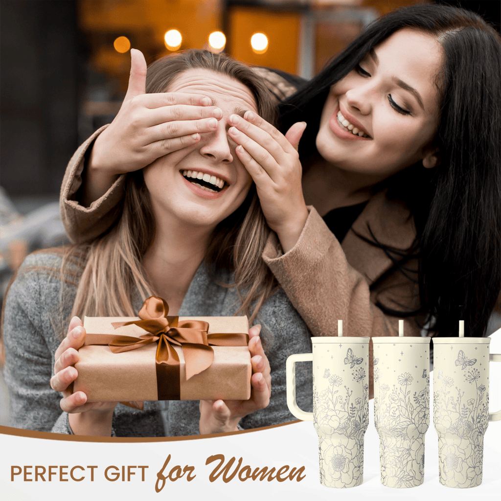 Floral Tumbler with Handle 40oz, Stainless Steel Insulated Tumblers Coffee Travel Mug Cup with Straw, Flower Coffee Cup Gifts for Women Girls, Gift for Her on Christmas Birthday Mothers Day