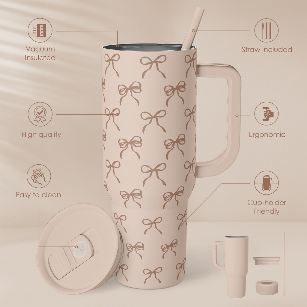 Bow Tumbler with Handle and Straw 40oz – Stainless Sleel Slider Tumbler Travel Coffee Mug for Women - Gift Idea for Birthday Christmas