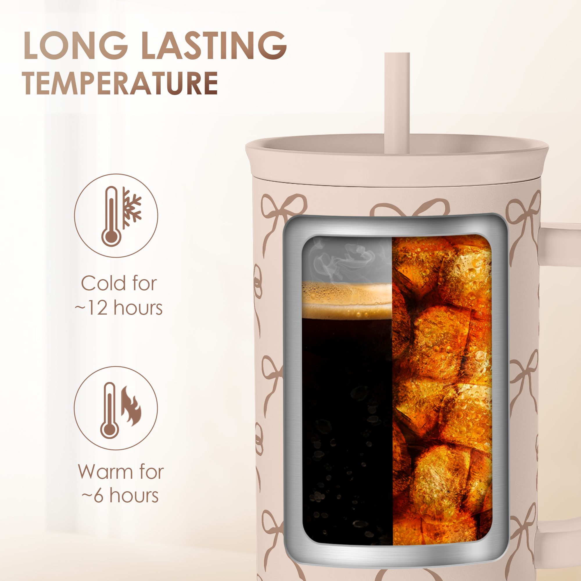 Bow Tumbler with Handle and Straw 40oz – Stainless Sleel Slider Tumbler Travel Coffee Mug for Women - Gift Idea for Birthday Christmas