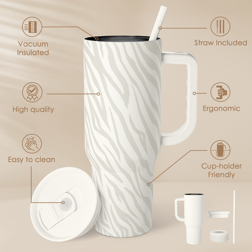 40oz Zebra Skin Slider Tumbler with Handle and Straw