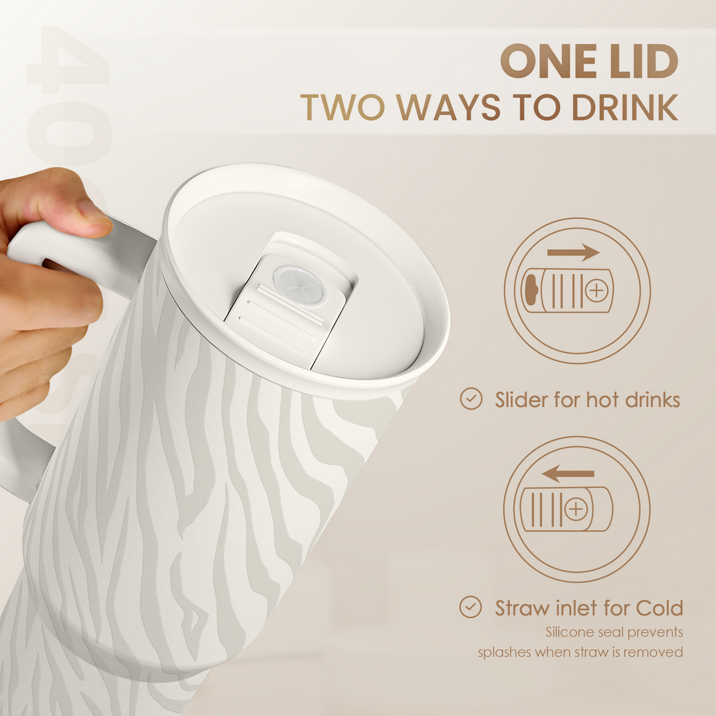 Zebra Skin 40oz Slider Tumbler with Handle and Straw - Insulated Stainless Steel Travel Coffee Mug for Women Girls, Gift for Birthday, Christmas