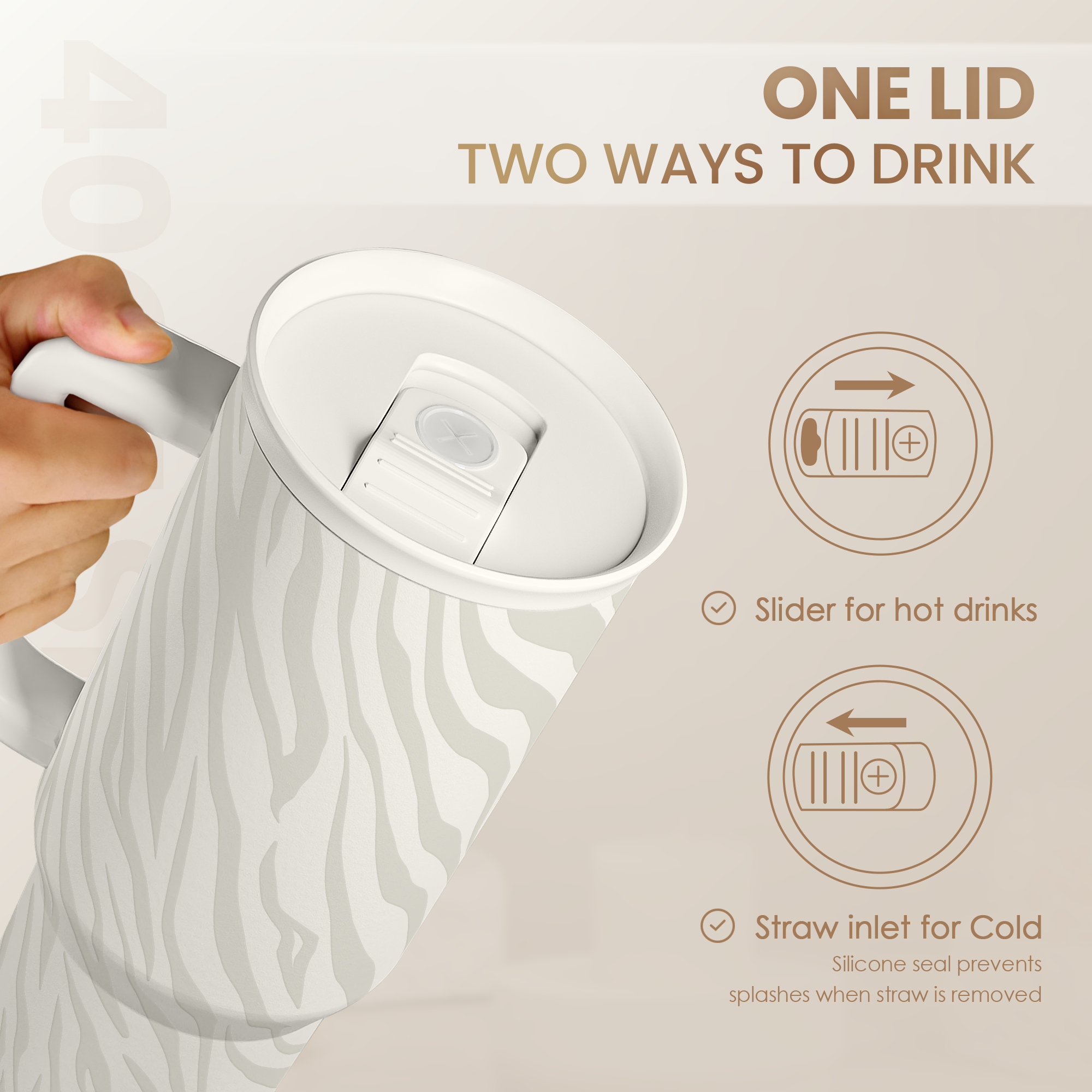 Zebra Skin 40oz Slider Tumbler with Handle and Straw - Insulated Stainless Steel Travel Coffee Mug for Women Girls, Gift for Birthday, Christmas