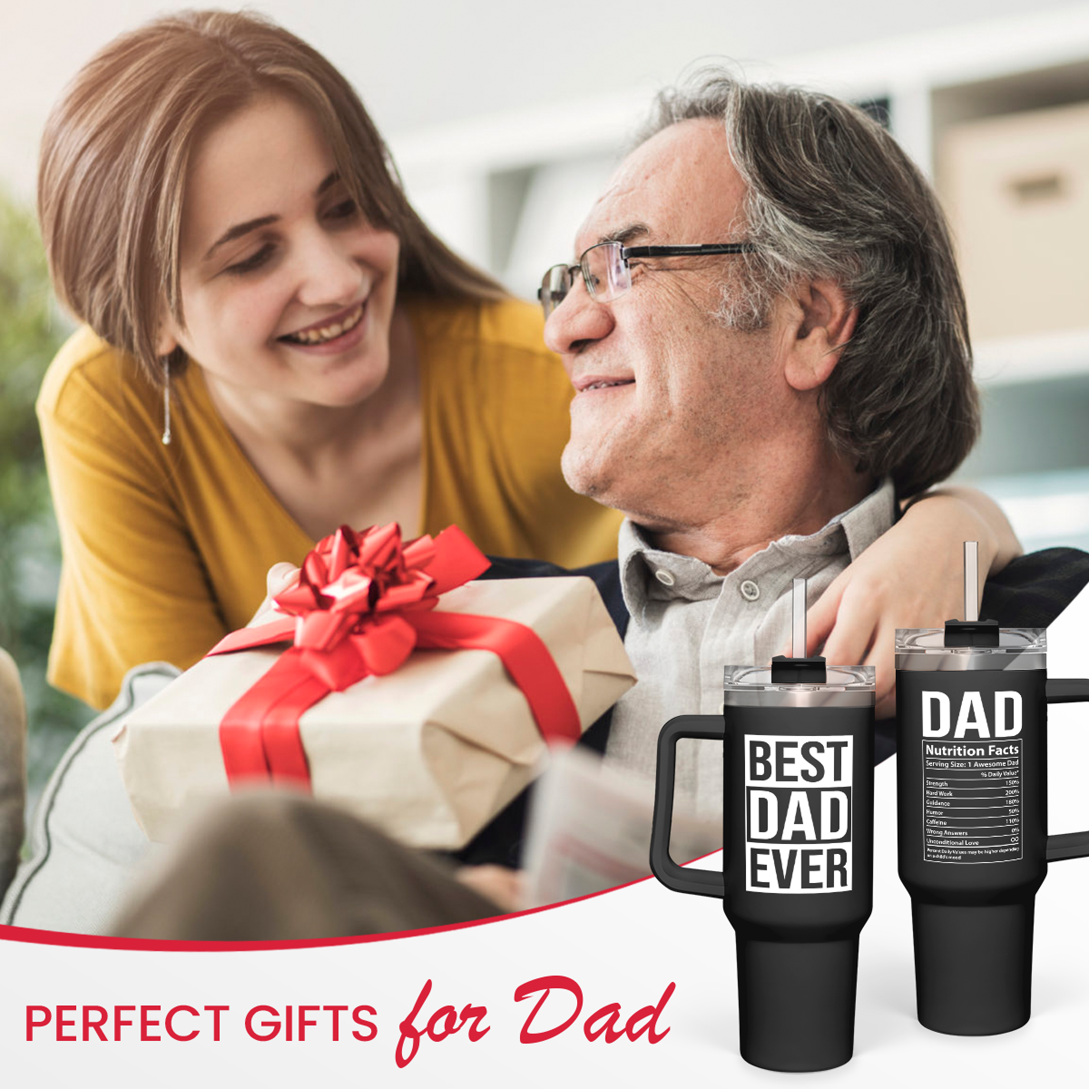 Dad Gifts for Dad from Daughter Son Best Dad Ever Tumbler with Handle 40oz Stainless Steel Insulated - Coffee Tumbler for Dad Father's Day Birthday Christmas Cup Gift Set with Lid & Straw