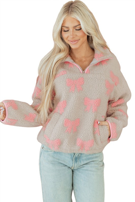 Valentine Bow Sherpa Quarter Zip Sweatshirt