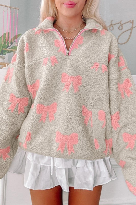 Valentine Bow Sherpa Quarter Zip Sweatshirt