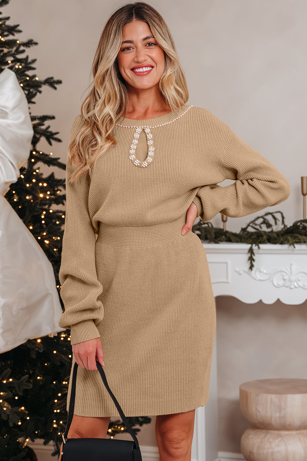Embellished Keyhole Ribbed Sweater Dress