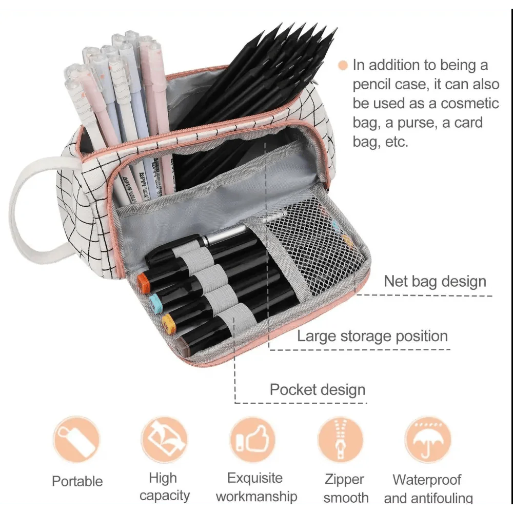 Big Storage Large Capacity Pencil Case Kids Pencil Bag For Students Vintage Grid Print Fabric Stationary Bag School Supply