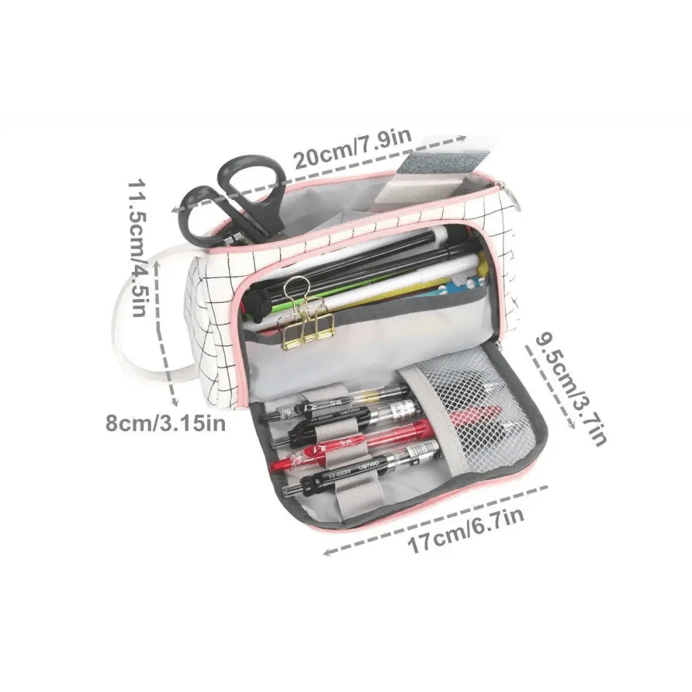 Big Storage Large Capacity Pencil Case Kids Pencil Bag For Students Vintage Grid Print Fabric Stationary Bag School Supply