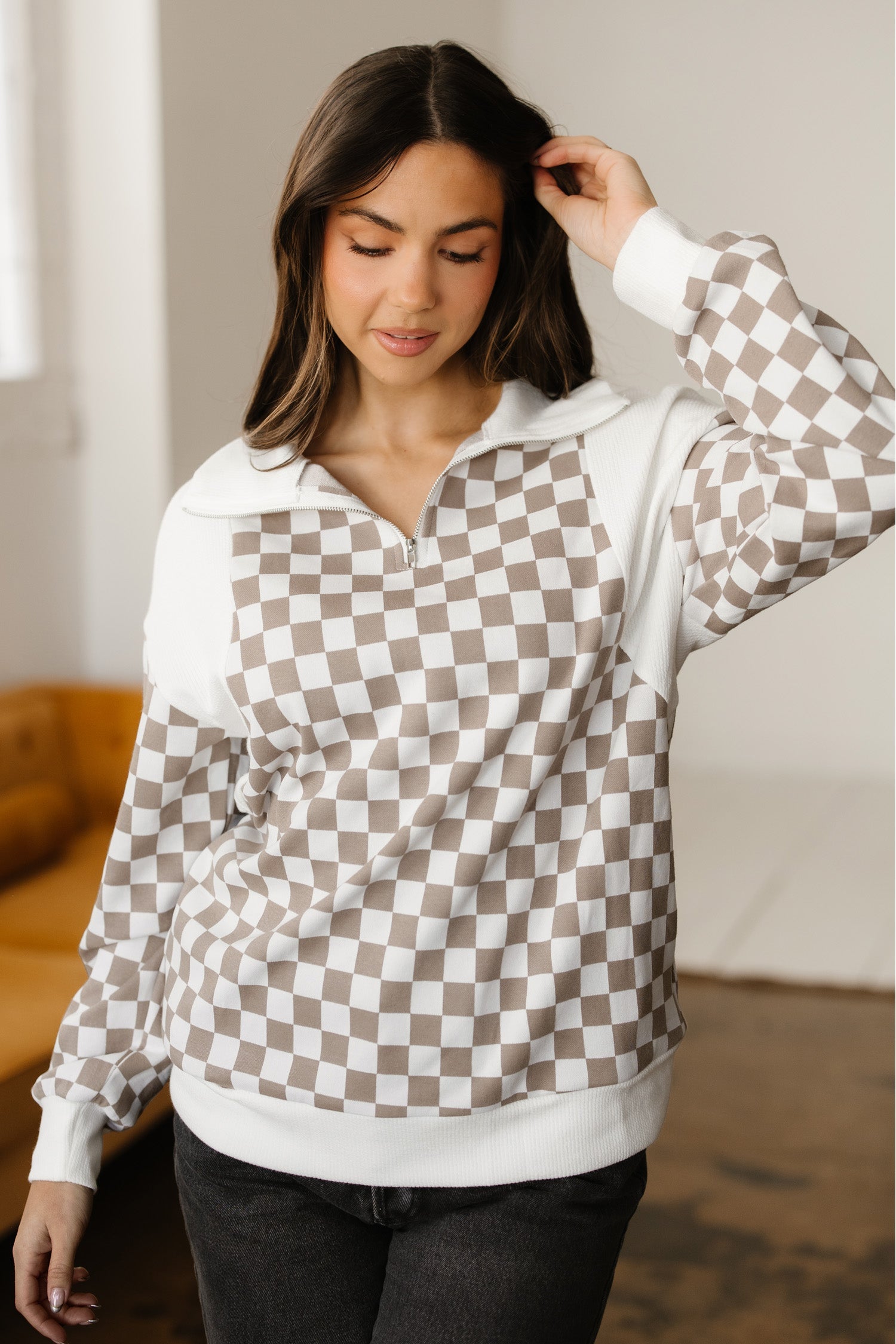 Tan Checkered Sweatshirt