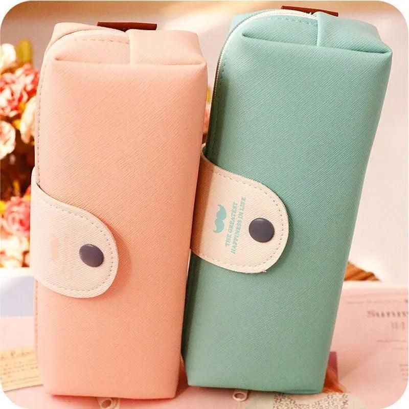 Candy Color Unique Design  PU Leather Metal Button Pencil Cases For Girls Cute Stationary Boy Pencil Pouch For Students