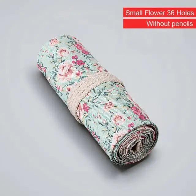 Colorful Roll Up Pencil Case Canvas Flowers Style Colored Pencils Wrap Multi-Purpose Pen Holder Cute Case