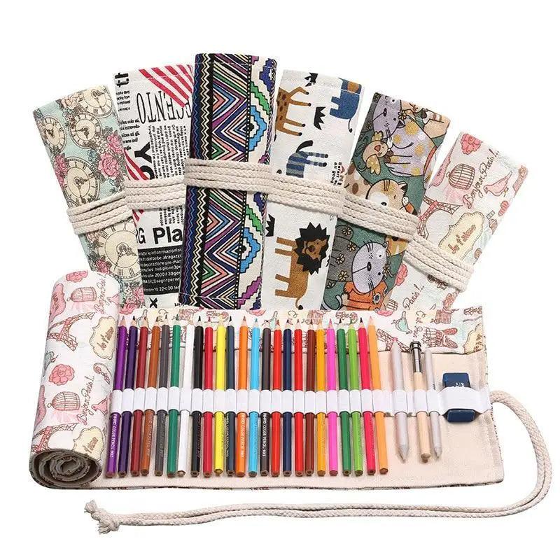 Colorful Roll Up Pencil Case Canvas Flowers Style Colored Pencils Wrap Multi-Purpose Pen Holder Cute Case