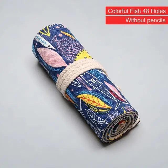 Colorful Roll Up Pencil Case Canvas Flowers Style Colored Pencils Wrap Multi-Purpose Pen Holder Cute Case