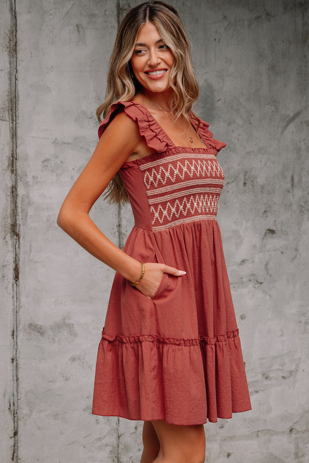 Ruffled Short Sleeve Mini Dress