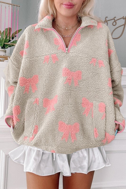 Valentine Bow Sherpa Quarter Zip Sweatshirt