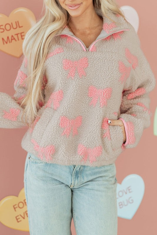 Valentine Bow Sherpa Quarter Zip Sweatshirt
