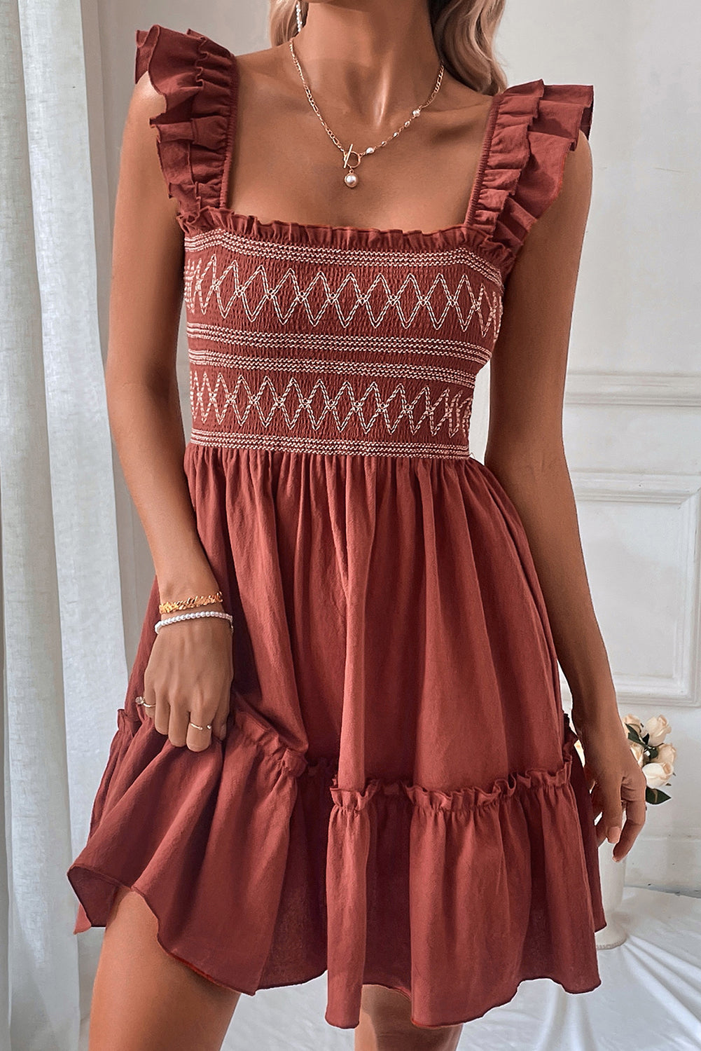 Ruffled Short Sleeve Mini Dress