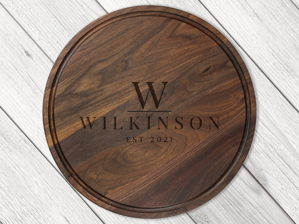 18" Walnut Personalized Round Board with Juice Groove, 18” Round Personalized Charcuterie Board, Wedding Gift, Gift For the Couple, USA Made