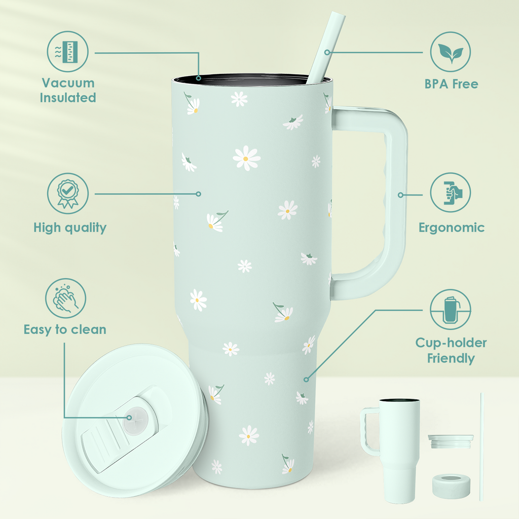 Daisy Flower Tumbler with Handle and Straw - Insulated Stainless Steel Coffee Travel Mug for Women Girls, Floral Gift Idea for Birthday Christmas