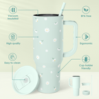 Daisy Flower Tumbler with Handle and Straw - Insulated Stainless Steel Coffee Travel Mug for Women Girls, Floral Gift Idea for Birthday Christmas