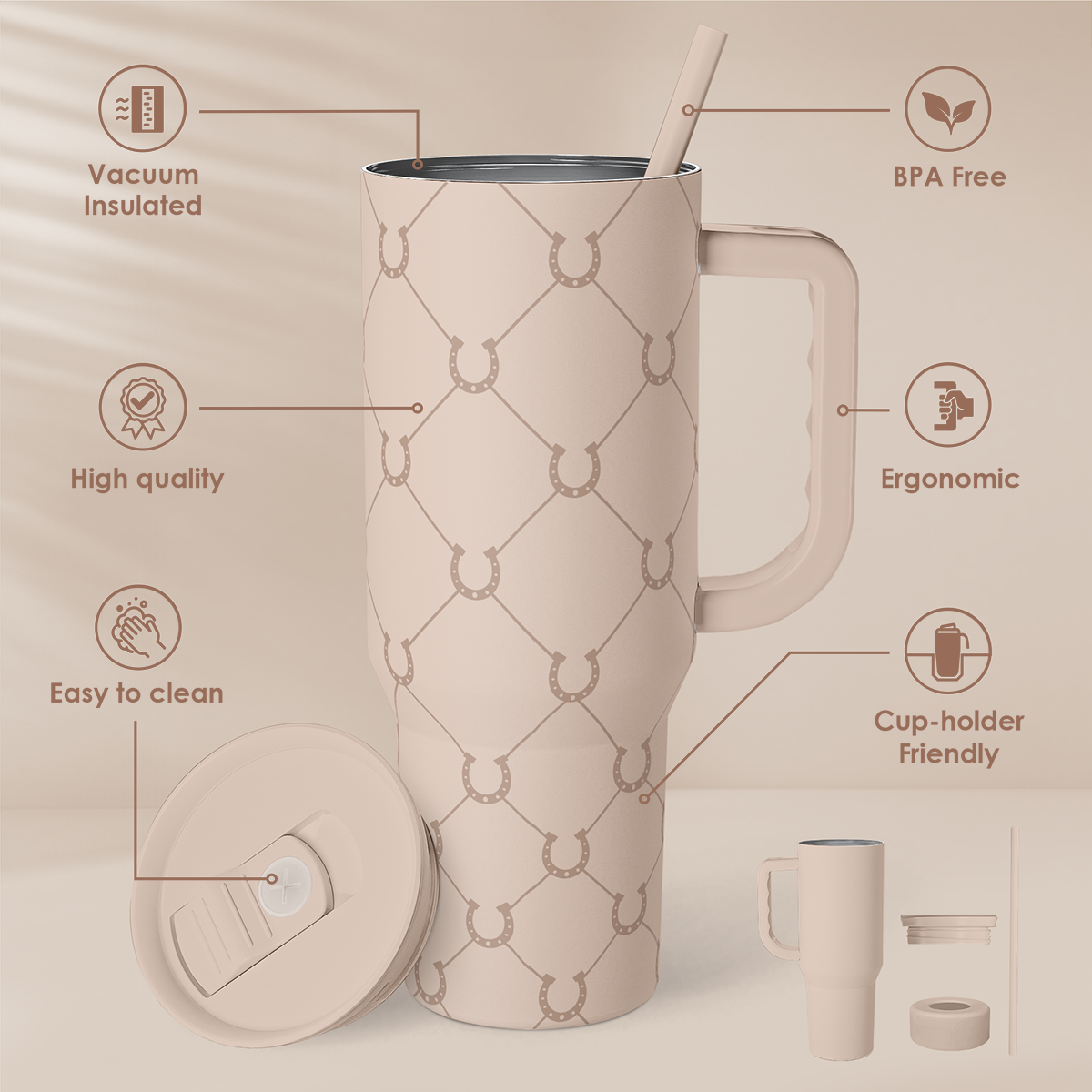 Horse Tumbler with Handle, Insulated Cup Stainless Steel Travel Mug Cup, Gifts for Women Girl, Equestrian Gift for Birthday Christmas, 40oz