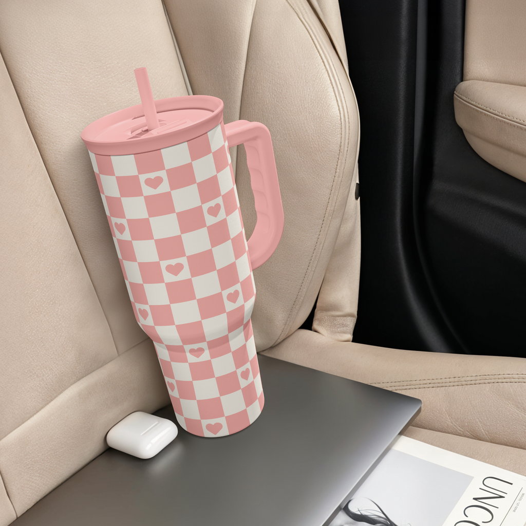 40oz Checkered and Heart Tumbler with Handle and Straw - Insulated Stainless Steel Travel Coffee Mug for Women Girls, Gift for Birthday, Christmas