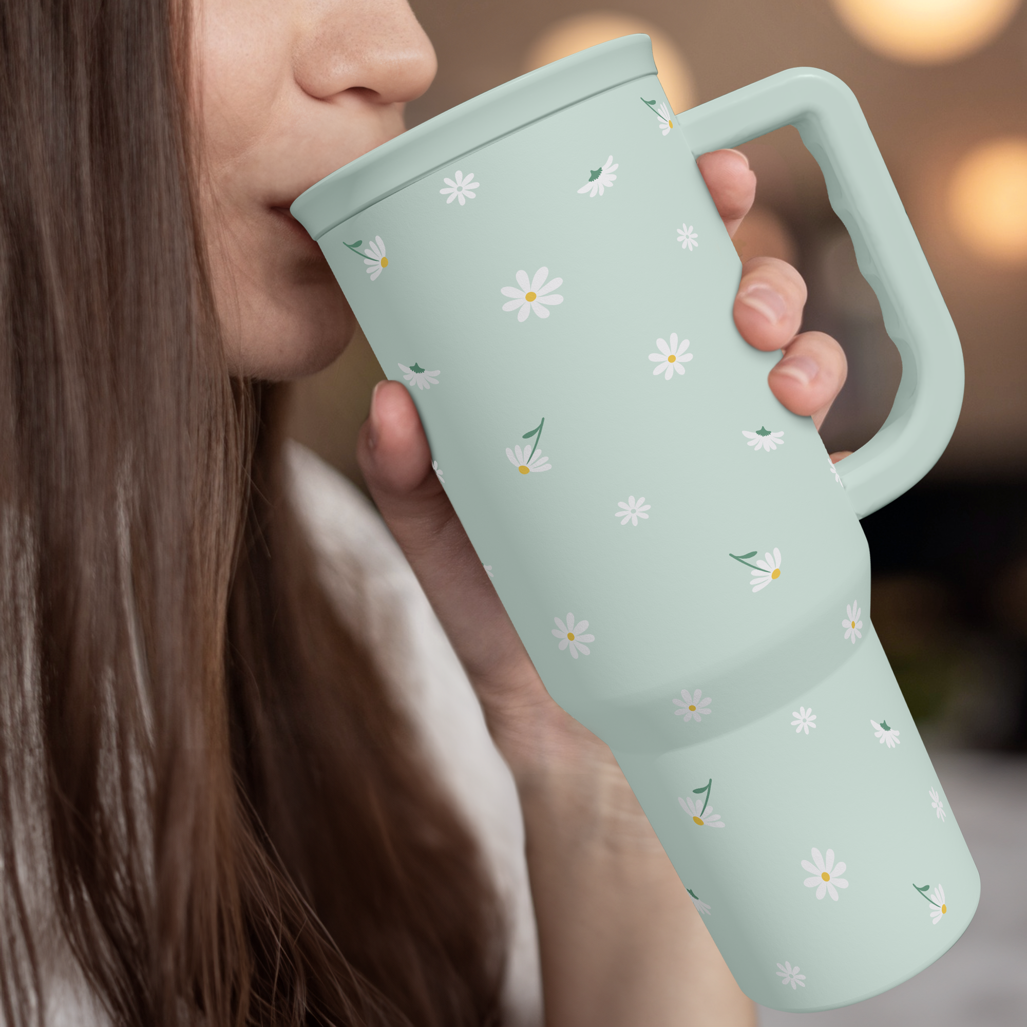 Daisy Flower Tumbler with Handle and Straw - Insulated Stainless Steel Coffee Travel Mug for Women Girls, Floral Gift Idea for Birthday Christmas