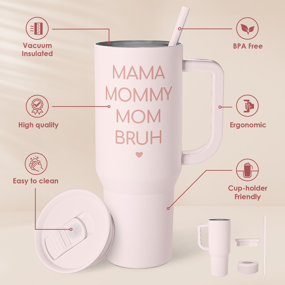 Gift for Mom - Mama Mommy Mom Bruh Stainless Steel Tumbler with Handle, Travel Coffee Mug for Moms - Gifts for Birthday Christmas Mothers Day, 40oz