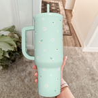 Daisy Flower Tumbler with Handle and Straw - Insulated Stainless Steel Coffee Travel Mug for Women Girls, Floral Gift Idea for Birthday Christmas