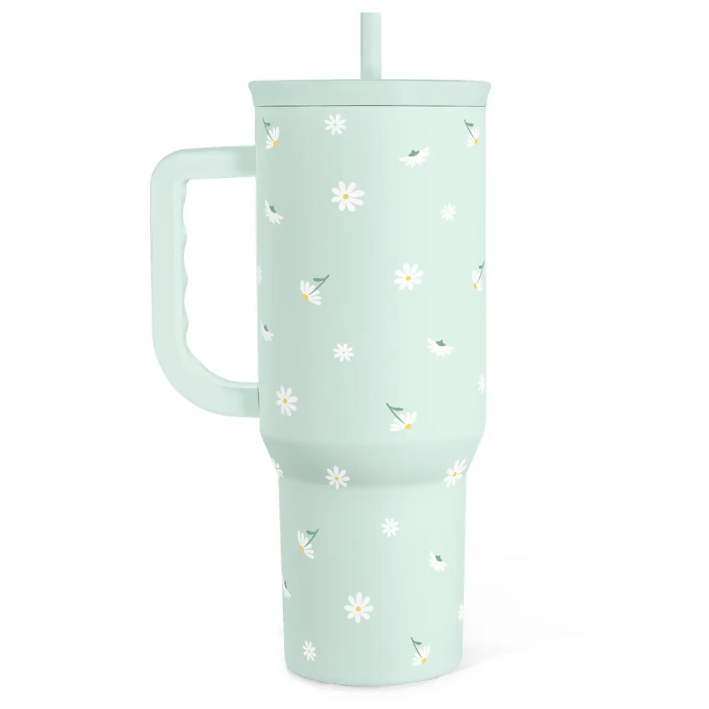 Daisy Flower Tumbler with Handle and Straw - Insulated Stainless Steel Coffee Travel Mug for Women Girls, Floral Gift Idea for Birthday Christmas