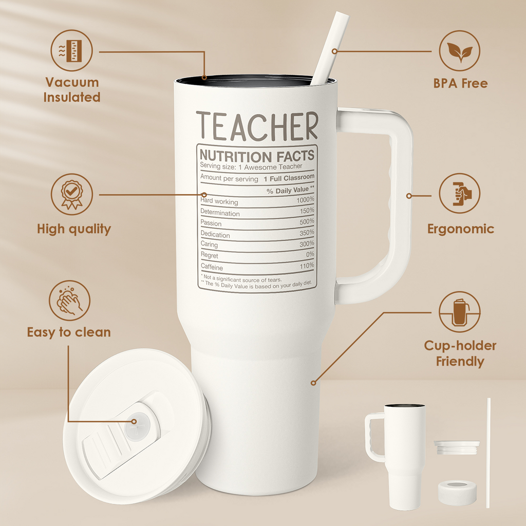 Teacher Appreciation Gift - 40oz Stainless Steel Insulated Tumbler with Handle and Straw - Teacher Nutrition Facts Travel Coffee Mug Cup for Women Back to School Birthday Christmas