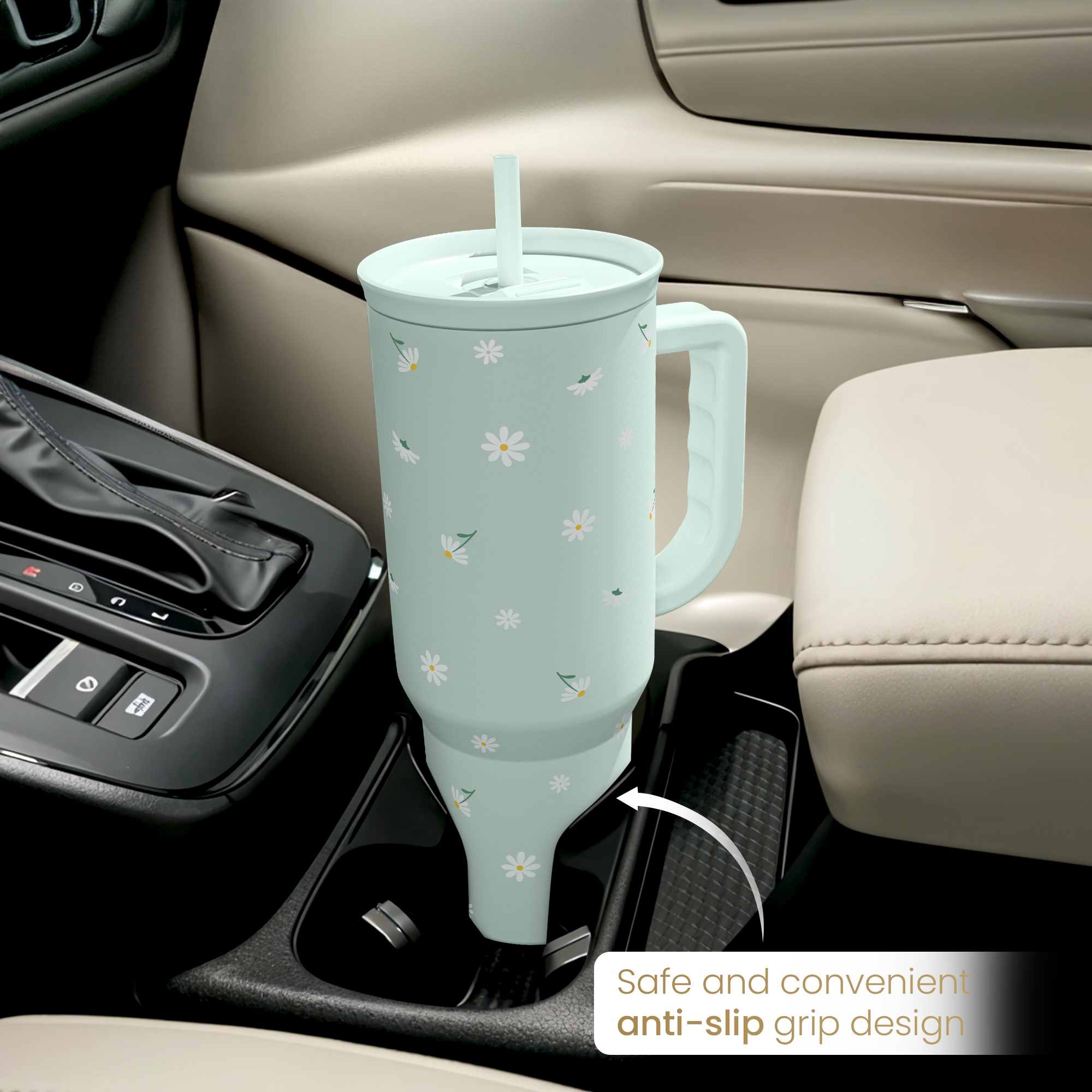 Daisy Flower Tumbler with Handle and Straw - Insulated Stainless Steel Coffee Travel Mug for Women Girls, Floral Gift Idea for Birthday Christmas