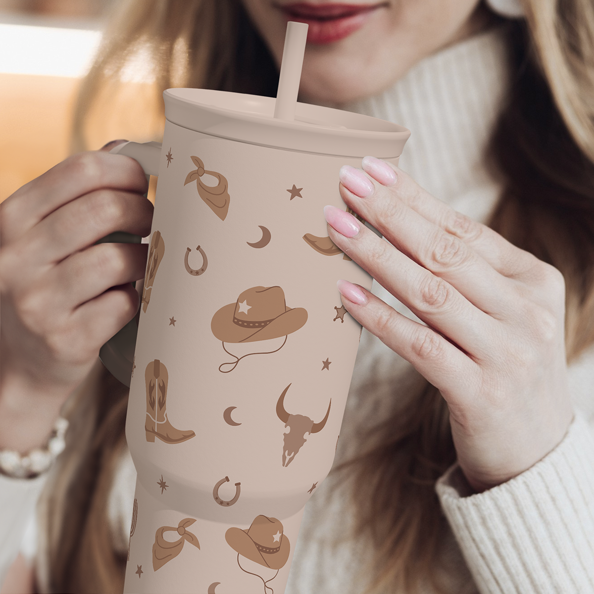 Cowgirl Tumbler 40oz for Women Girls - Stainless Steel Travel Coffee Mug Cup with Handle and Straw, Gift for Birthday Christmas