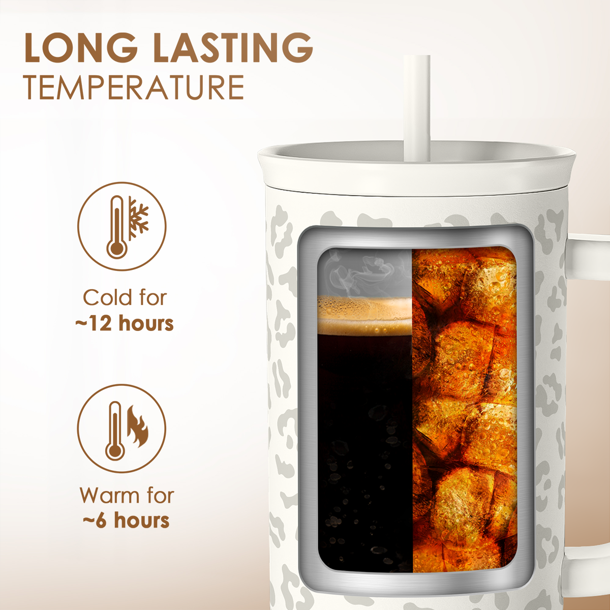 Leopard Tumbler with Handle, Insulated Cup Stainless Steel Travel Mug Cup, Gifts for Women Girl on Birthday Christmas, Cream Leopard, 40oz