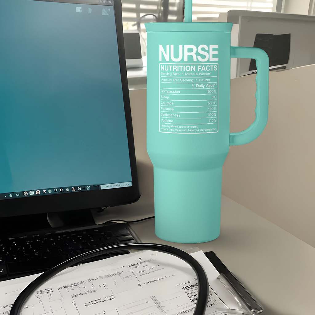 Nurse Gift Tumbler 40oz with Handle and Straw - Nurse Nutrition Facts Insulated Stainless Steel Travel Coffee Mug for Nurses Nursing Friends - Gifts for Nurse Week, Appreciation, Birthday, Christmas