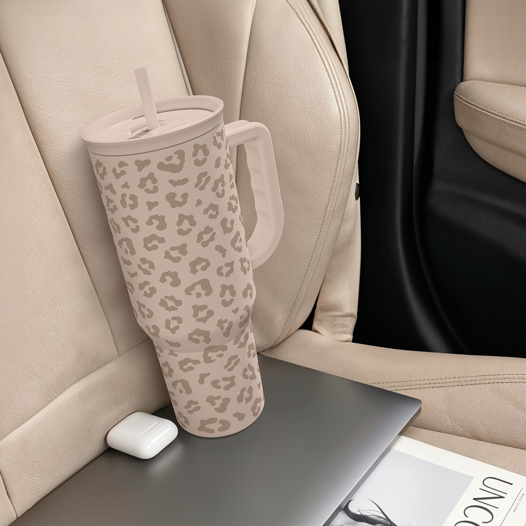 Leopard Tumbler with Handle, Insulated Cup Stainless Steel Travel Mug Cup, Gifts for Women Girl on Birthday Christmas, Tan Leopard, 40oz